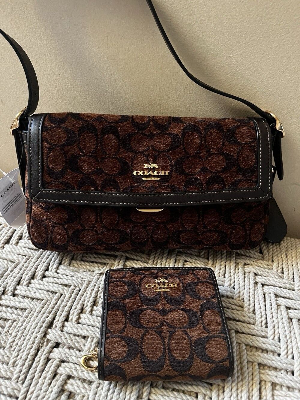 Coach Etta Small Flap Shoulder Bag Signature Truffle Chenille & Wallet CCV65 NWT